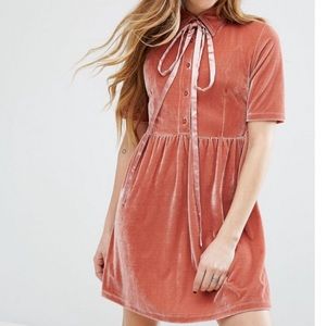 Motel velvet dress with tie up bow neck